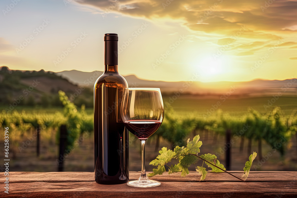 Red wine bottle mock up without label, glass, product promotion, advertising, vineyards at sunset