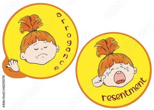 Girl stickers. Different emotions. Arrogance, resentment