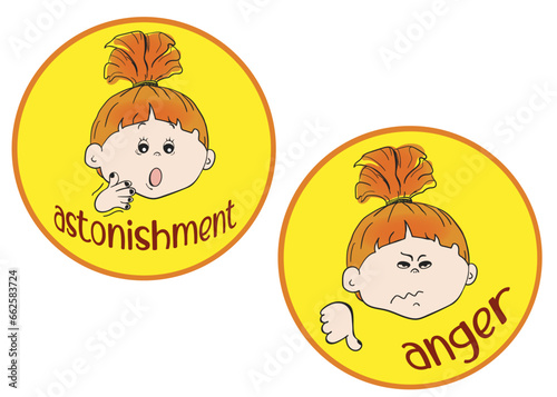 Girl stickers. Different emotions. Astonishment, anger