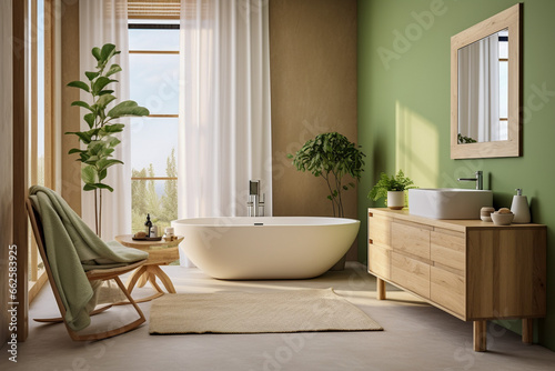 Modern bathroom  minimalistic clear interior design with green  white and beige colors with wooden texture