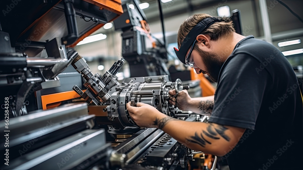Obraz premium Car mechanic working in auto repair shop. Auto service industry. Automotive manufacturing