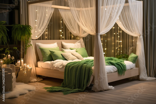 Modern bedroom with a bed, green and white color, wooden texture