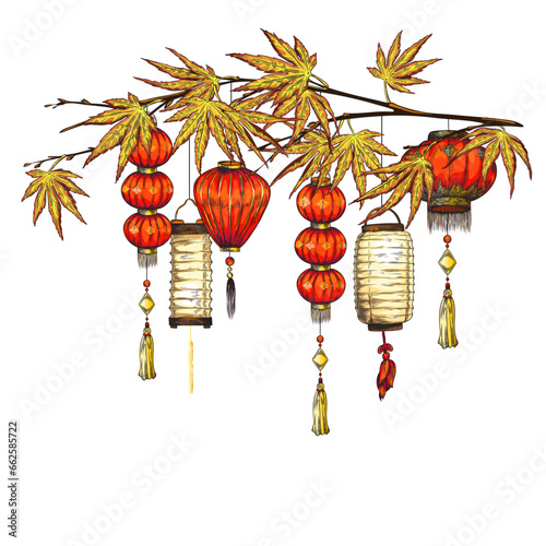Red lanterns with gold elements and tassel on japanese maple branch, vector hand drawn different shapes of paper lamp