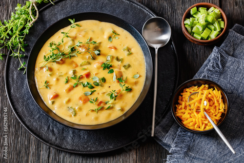 Beer cheese soup with vegetables and thyme