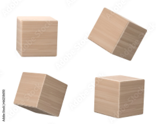 3d wood cube block realistic vector for word game isolated on white background. Wooden education toy template icon floating. Perspective view on clear brick object different png clipart collection.