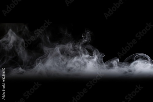 Ethereal elegance. White smoke and mist in motion. Swirling shadows. Artistry of black background. Mystical veil. Abstract fog on dark canvas
