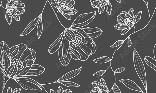 Floral Seamless Pattern with Linear Flowers and Leaves. Trendy Minimalistic Print Design with Line Art  Flower Drawing and Organic Shapes. Botanical Pattern for Home Decor, Fabric. Vector EPS 10 