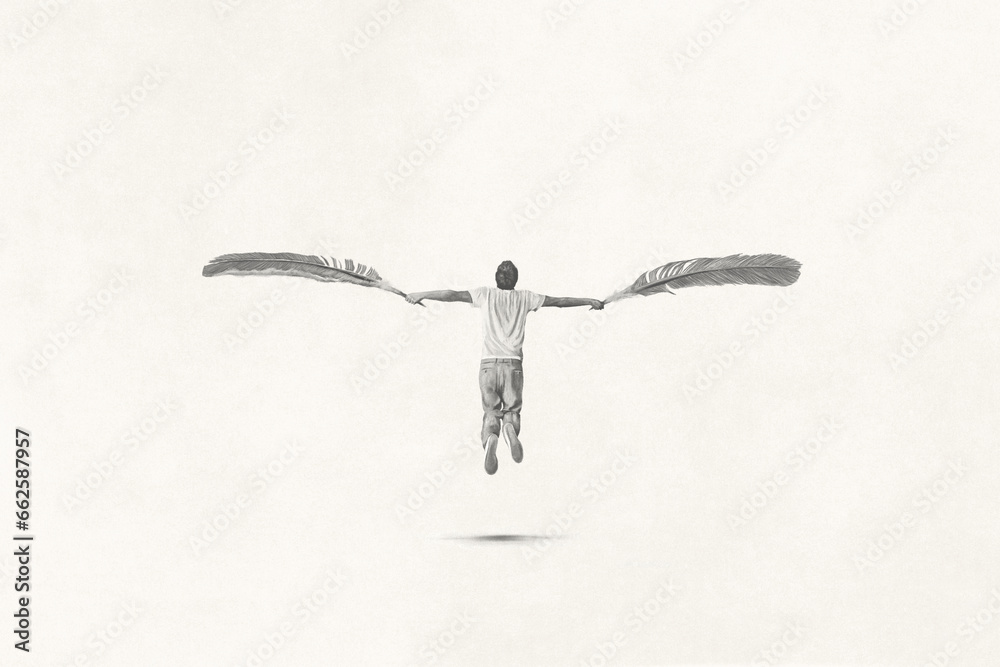 Illustration of man with plumes wings fly in the sky, icarus concept - obrazy, fototapety, plakaty 