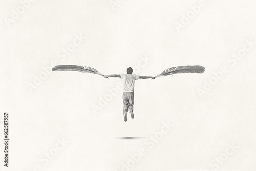 Illustration of man with plumes wings fly in the sky, icarus concept photo