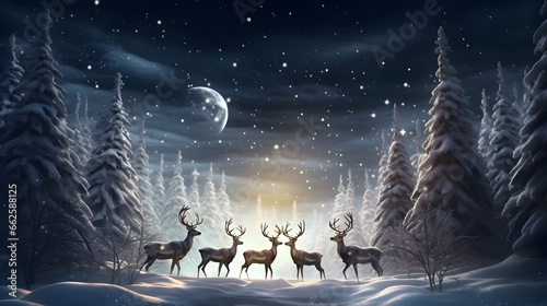 Reindeers in jungle at winter night © ZayWin