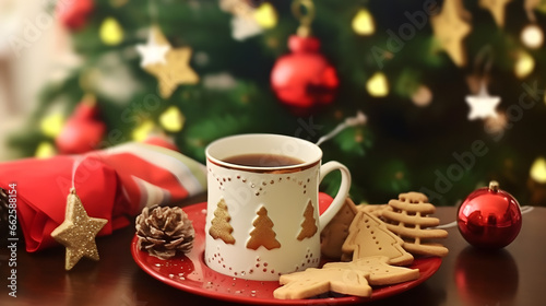 Decorated coffee cup and cookies with background of christmas tree