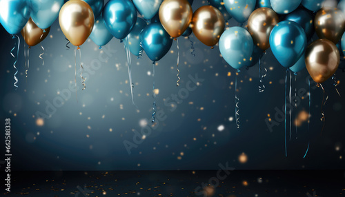 Beautiful Festive Background with Gold and Blue Balloons