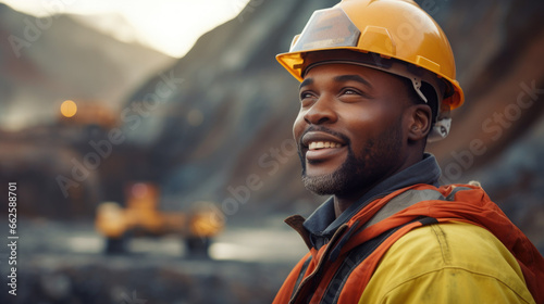 A young Black African mining construction worker with digital tablet in open pit quarry photo