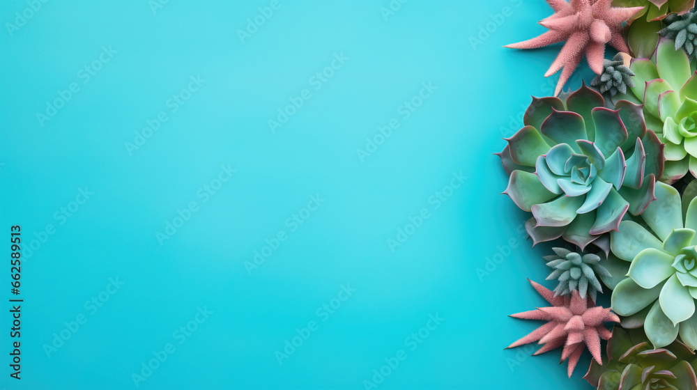 minimalistic turquoise background with succulents, with empty copy space