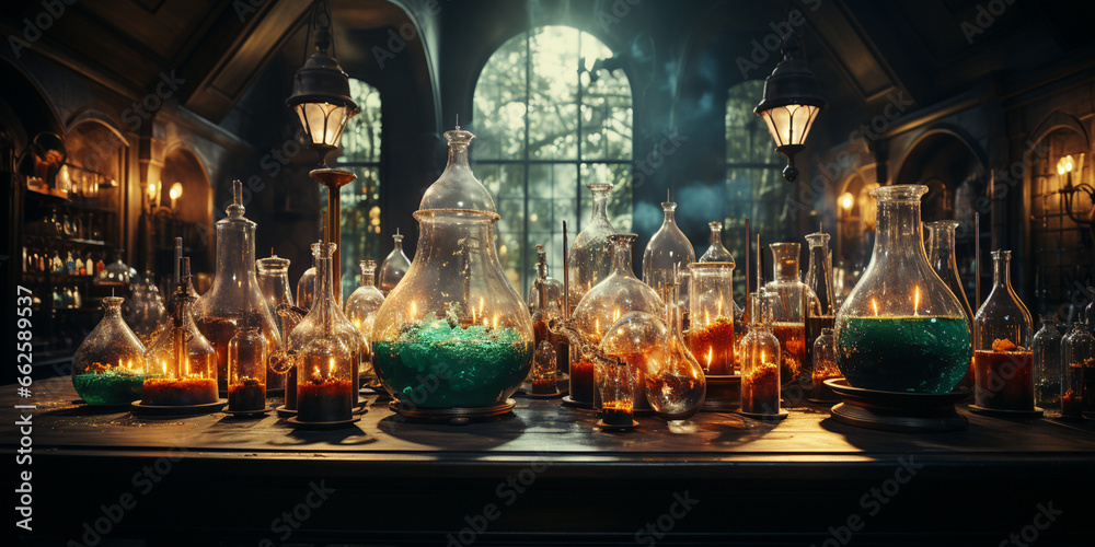 Ancient chemists laboratory with mysterious objects and experiments with atmospheric sunlight shining though dusty windows generative ai  - obrazy, fototapety, plakaty 