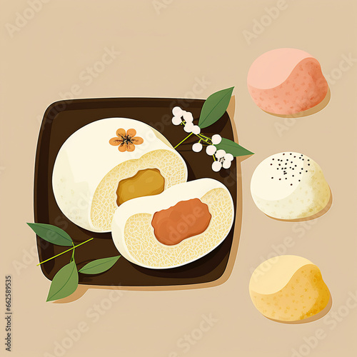 Japanese asian traditional food. Ball of rice. Mochi. Moti. Japanese traditional weet soft dessert.