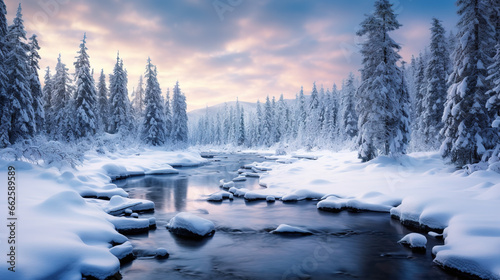 Winter paradise where mystical snowfall creates an enchanting and dreamlike landscape photo