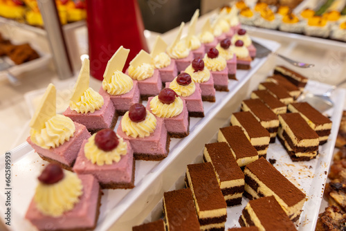 Sweet cakes on display in a restaurant