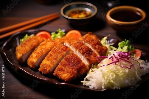 Japanese tonkatsu breaded, a deep fried pork cutlet with shredded cabbage and sauce
