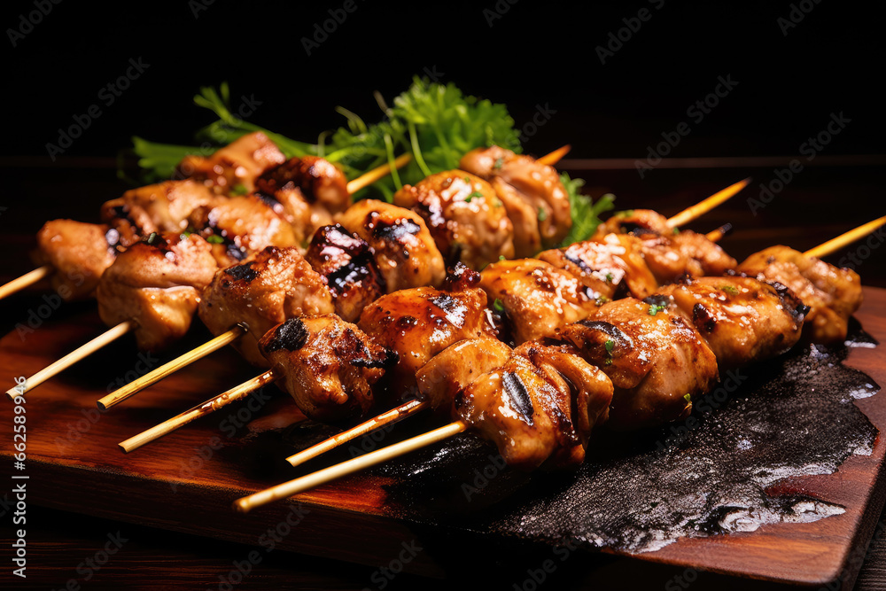 Japanese dishes, yakitori Skewered, grilled chicken on grill