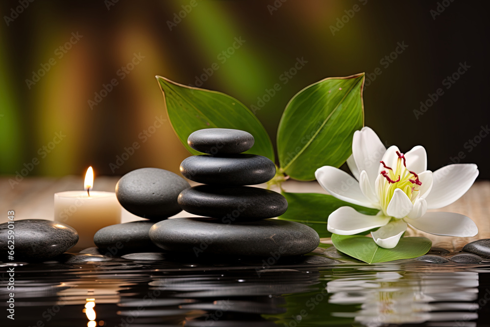 Obraz premium Spa atmosphere, tranquil scene, soft spa lighting, relaxing natural elements, holistic wellness