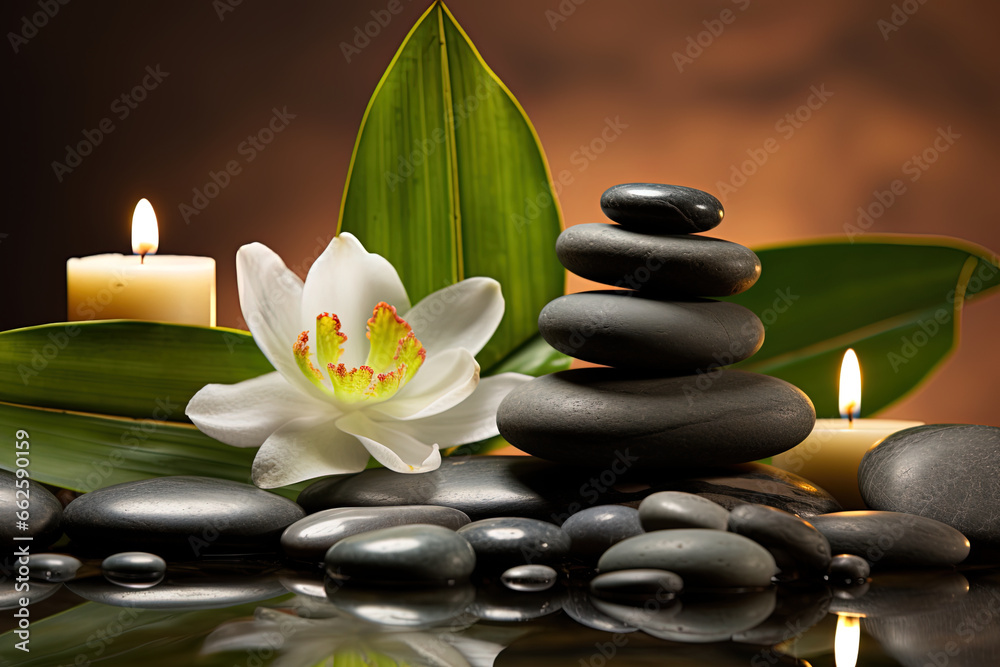 Spa atmosphere, tranquil scene, soft spa lighting, relaxing natural elements, holistic wellness