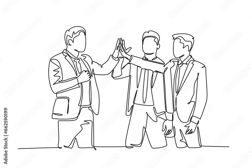 Continuous one line drawing three young happy businessmen celebrate their successive business and giving high fives gesture. Business deal concept. Single line draw design vector graphic illustration Continuous one line drawing three young happy businessmen celebrate their successive business and giving high fives gesture. Business deal concept. Single line draw design vector graphic illustration