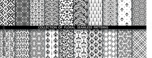 Geometric floral set of seamless patterns. White and black vector backgrounds. Damask graphic ornaments.