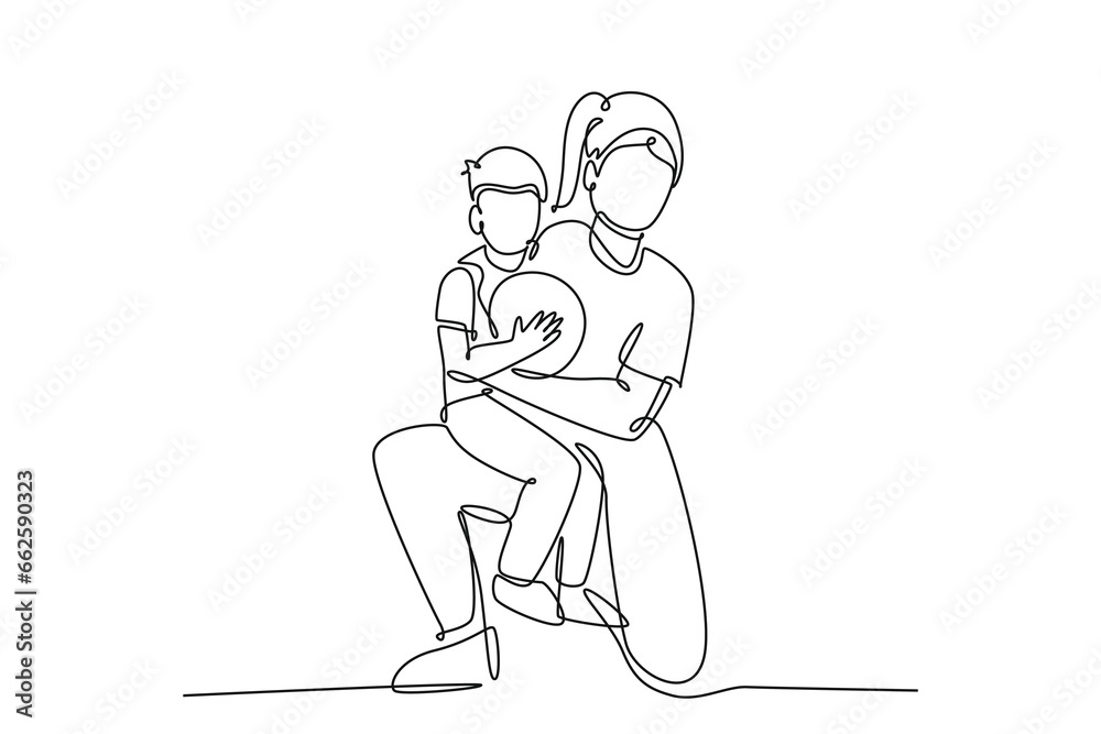 Single one line drawing of young happy mother hugging her child that carried a basket ball on basketball court. Parenting family concept. Modern continuous line draw design graphic vector illustration Single one line drawing of young happy mother hugging her child that carried a basket ball on basketball court. Parenting family concept. Modern continuous line draw design graphic vector illustration