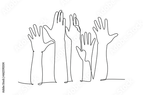 Single one line drawing of group of people open up and raising their hands up into the air. Business team work and collaboration concept. Modern continuous line draw design graphic vector illustration