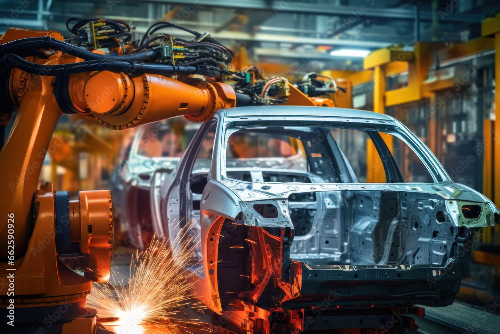 Assembly line for the production of modern cars. Robots weld a car body on a conveyor belt. Automated assembly. Modern technologies.