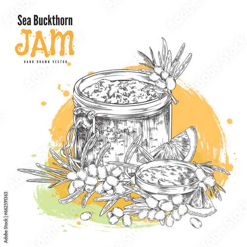 Sea-buckthorn berries Jam pack label template sketch vector illustration.
