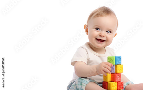 Smiling Cute Baby Playing with a Colorful Toy a Make a Stack Isolated on Transparent Background PNG.