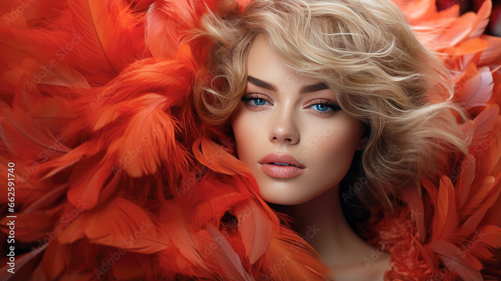fashion smiling caucasian vogue model with luscious, juicy lips and feather art fashion smiling caucasian vogue model with luscious, juicy lips and feather art