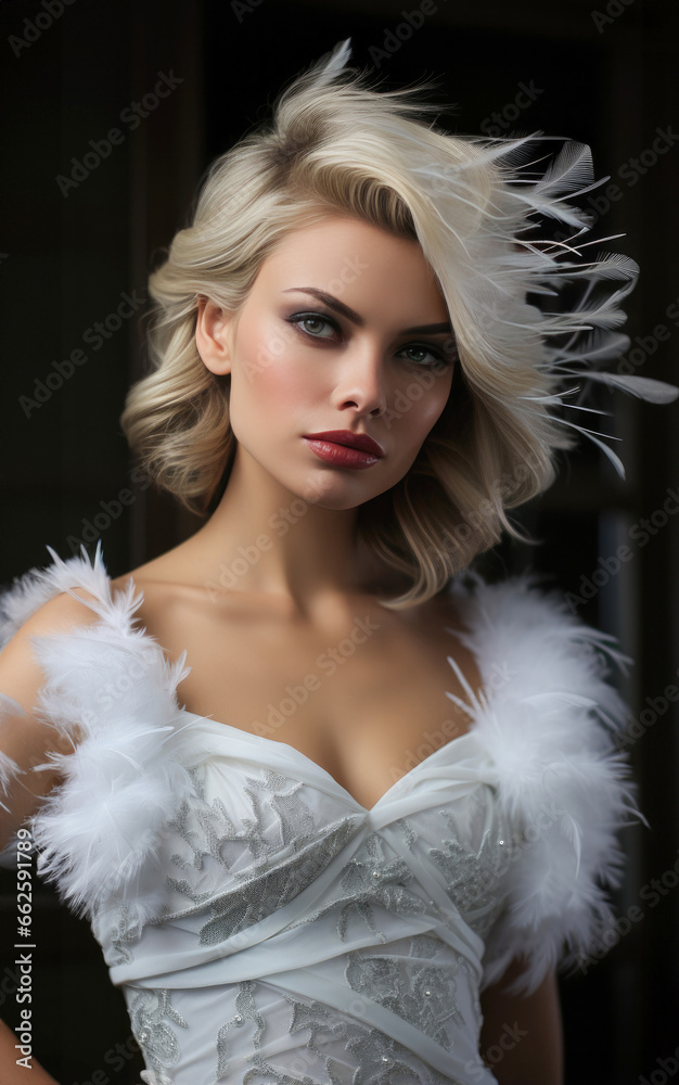fashion smiling caucasian vogue model with luscious, juicy lips and feather art fashion smiling caucasian vogue model with luscious, juicy lips and feather art