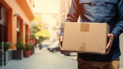 Courier holding cardboard box for delivery. © Pro Hi-Res