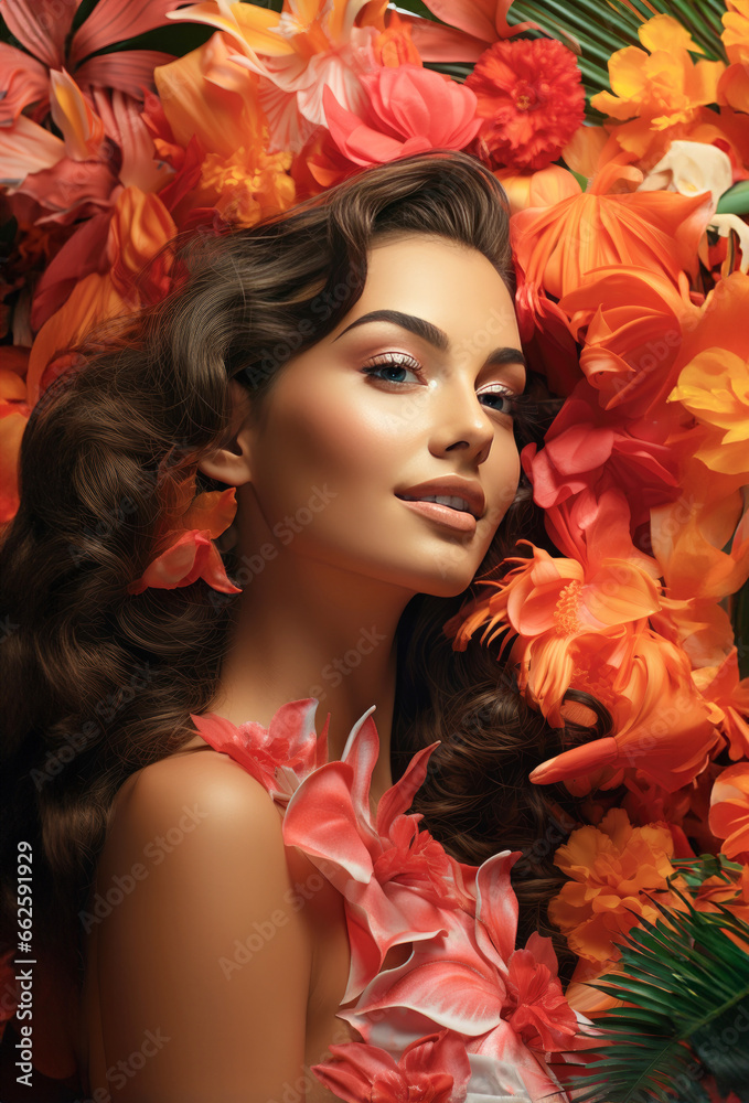 fashion caucasian vogue model with luscious, juicy lips and tropical flower art