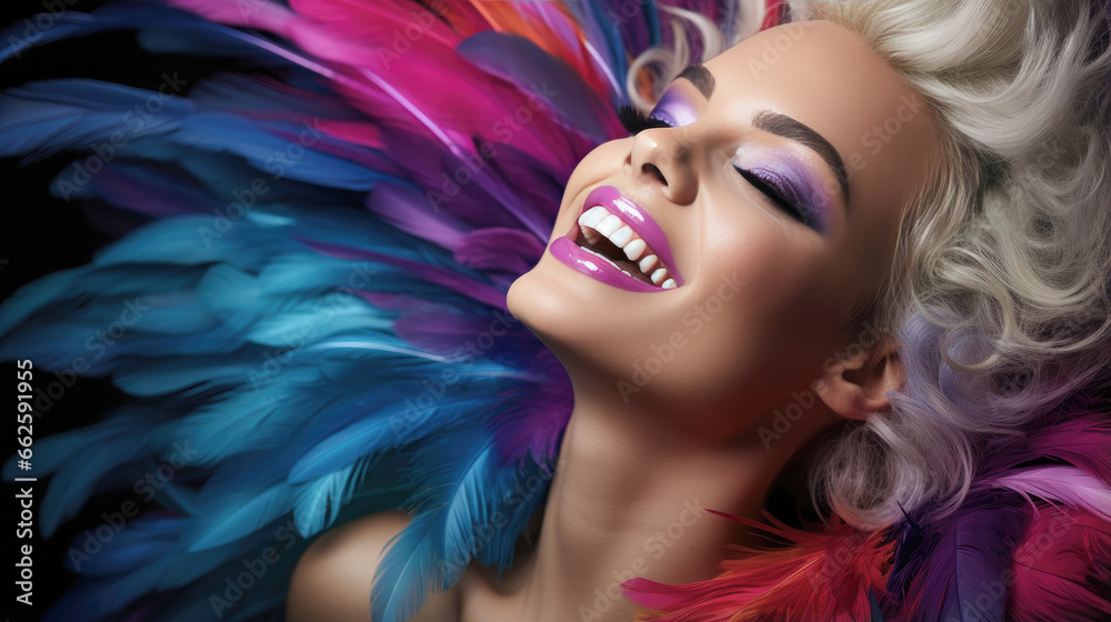 fashion smiling caucasian vogue model with luscious, juicy lips and feather art
