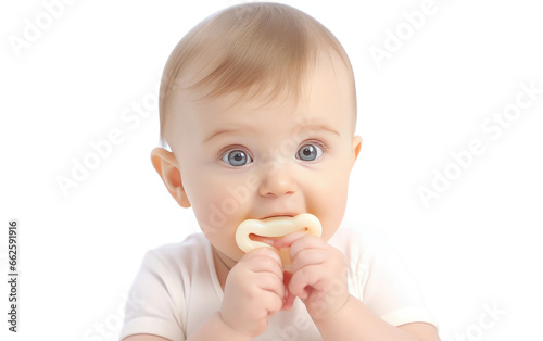 Beautiful Baby Teething Chewing on a Teether Closeup Isolated on Transparent Background PNG.