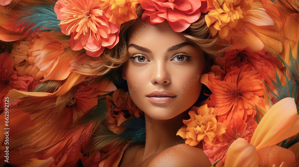 fashion caucasian vogue model with luscious, juicy lips and tropical flower art