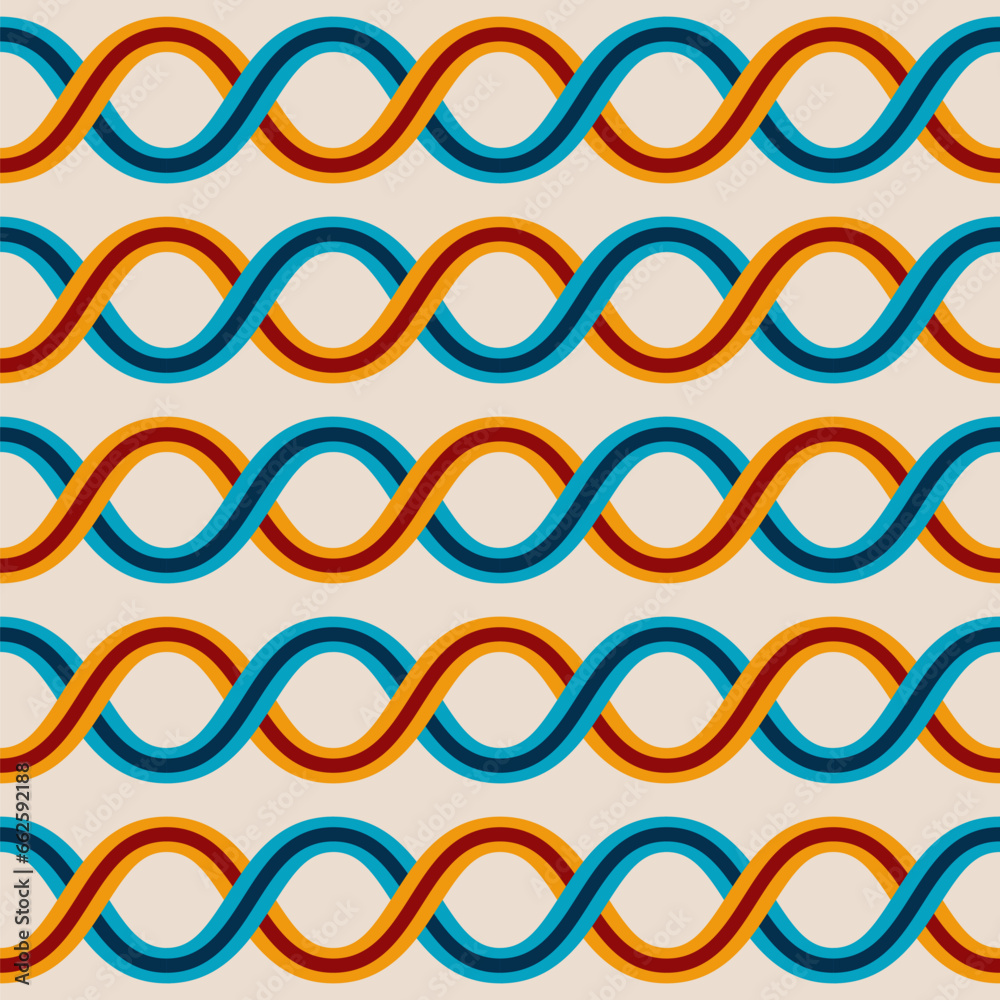Interlacing wavy lines seamless vector pattern. Modern stylish geometric background. Color vector pattern. Interwoven blue, yellow and red wavy lines. DNA chains pattern. Interlacing wavy lines seamless vector pattern. Modern stylish geometric background. Color vector pattern. Interwoven blue, yellow and red wavy lines. DNA chains pattern.