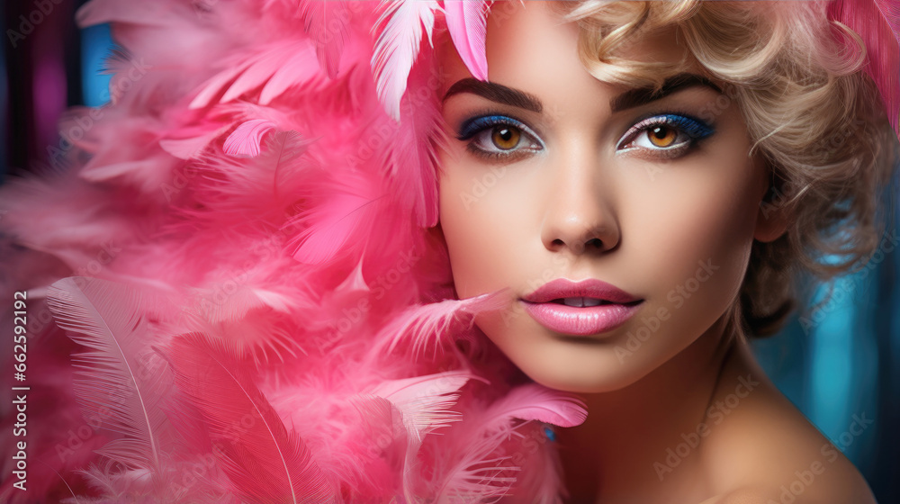 fashion smiling caucasian vogue model with luscious, juicy lips and feather art