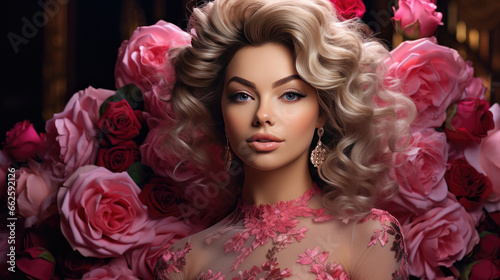 fashion caucasian vogue model with luscious, juicy lips and roses flower art