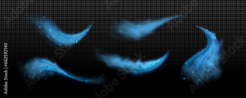Fresh cold air waves with wind flow effect. Realistic vector illustration set of blue jets of cool airstream with dust or ice particles. Transparent purification breeze air blow with sparkles.