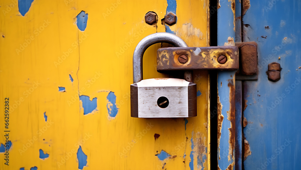 old padlock locking wooden door. old padlock locking wooden door.