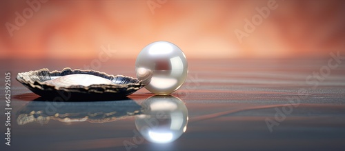 A pearl in a shell on a reflective surface Desaturated photo with soft focus blur grain overexposure and shallow depth of field for effect With copyspace for text photo