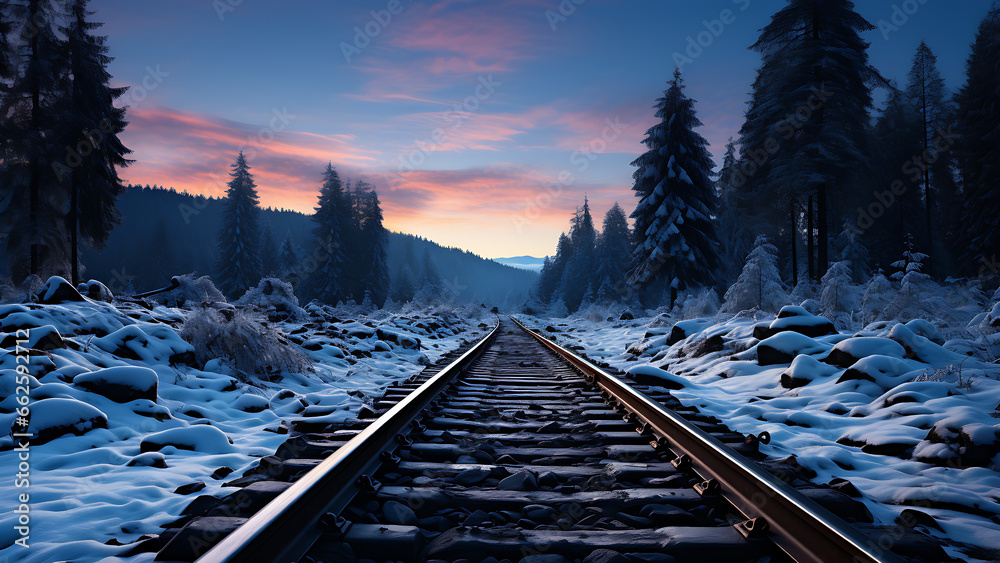 long train line when winter arrives. - obrazy, fototapety, plakaty 