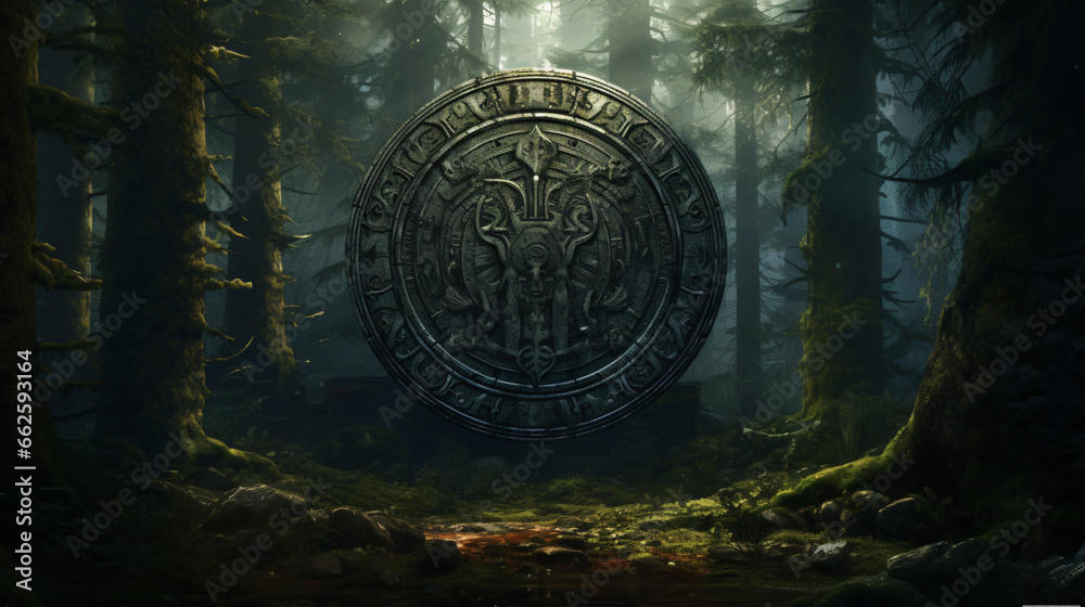 Viking shield forest - obrazy, fototapety, plakaty 