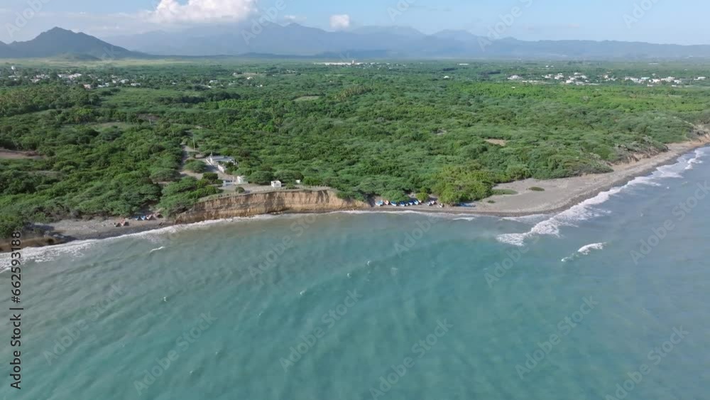Aerial View Of Matanzas Beach And Blue Sea In Summer In Bani, Dominican Republic. Aerial View Of Matanzas Beach And Blue Sea In Summer In Bani, Dominican Republic.