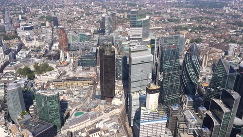 Aerial View of the City of London towers with views to Finsbury Circus Gardens and the Bank of England, London, UK. photo